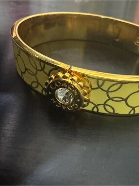 Coach Gold-Tone and Yellow Enamel Cuff with Crystal Medallion